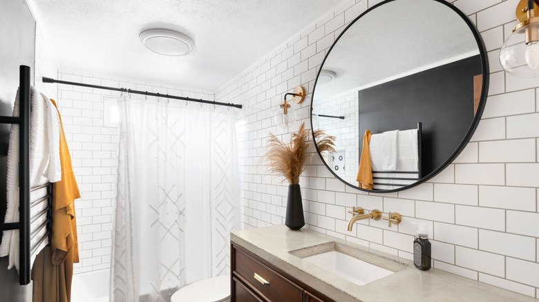 modern bathroom with high shower curtain