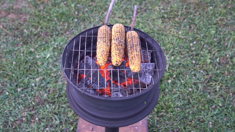 Ears of corn roast on a tire rim grill.