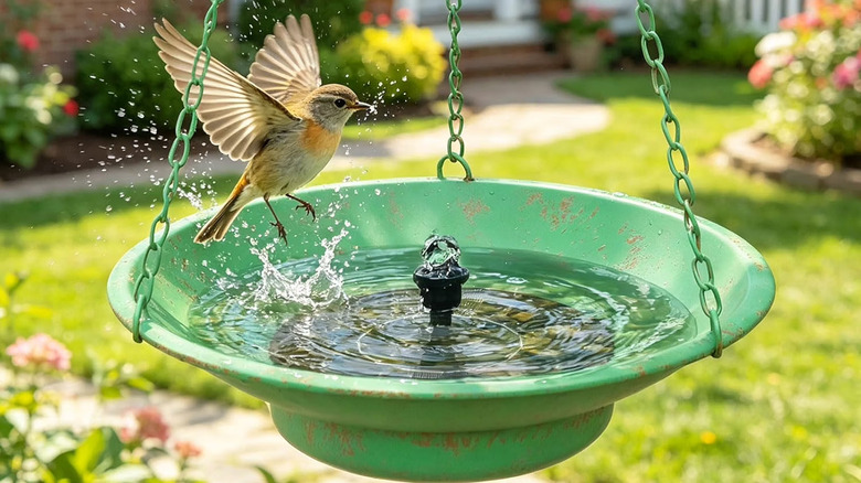 The Metal Hanging Solar Bird Bath Fountain available from Amazon
