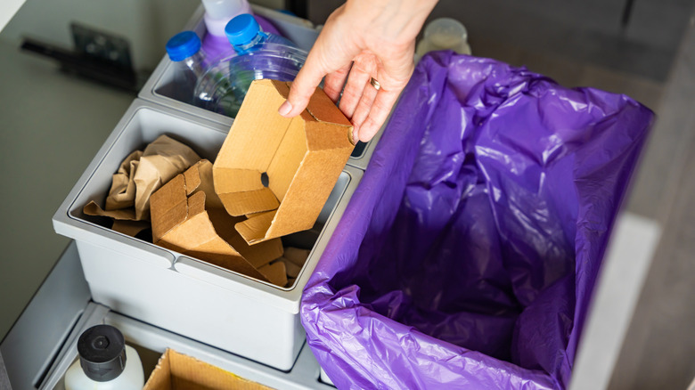 Person sorting items into different recycling bins