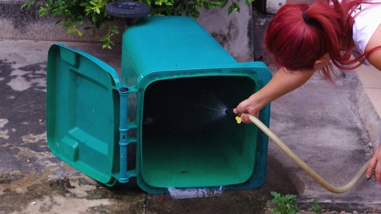 Woman hosing out trash bin to repurpose into DIY cat shelter
