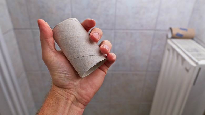 hand holding empty toilet paper roll