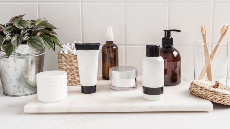 Bathroom products in matching bottles
