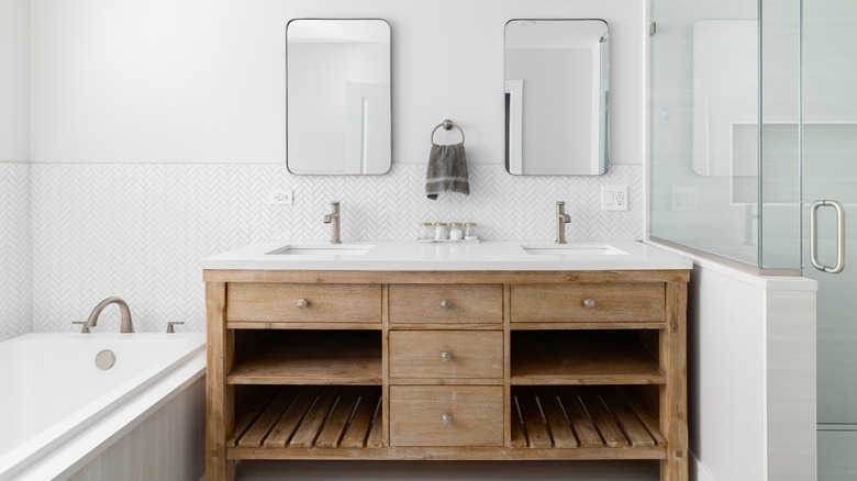 Wood vanity with drawers and two open shelving sections
