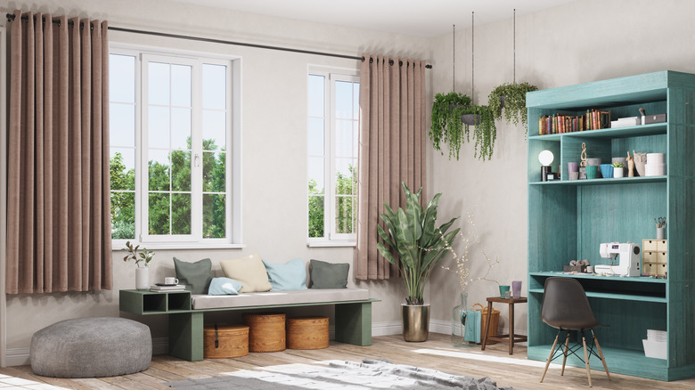 Pleated curtains in living room