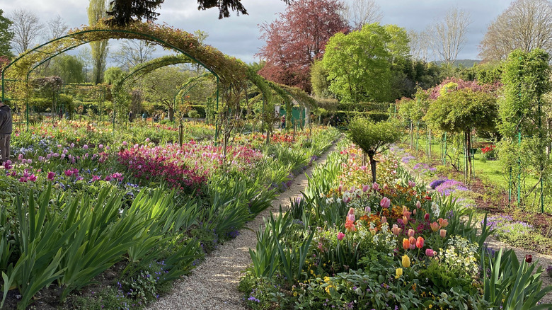 Monet's garden with colorful flowers and garden arches