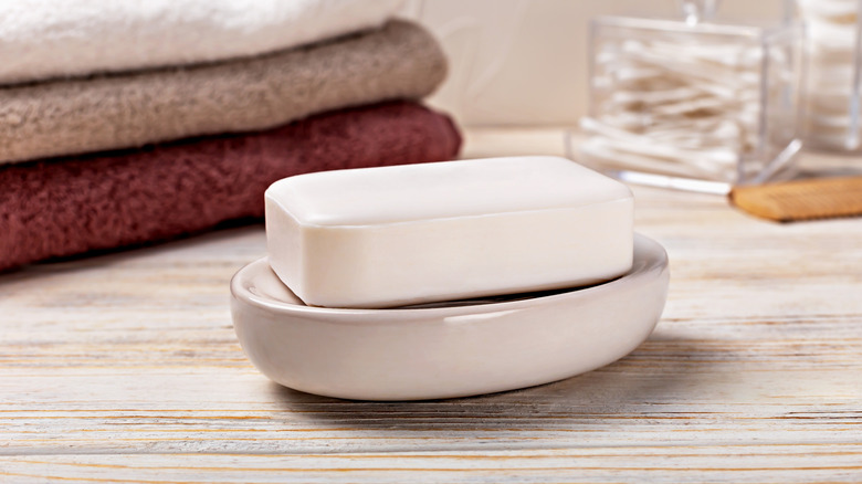 soap dish holding bar soap in a tidy bathroom