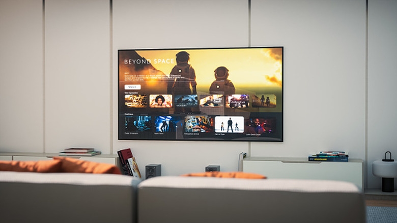 View of a living room TV from outside of the living room