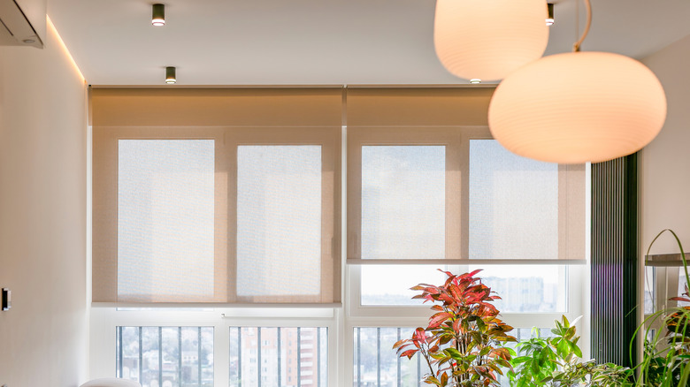A window with smart curtain blinds that are partially closed to help block out light