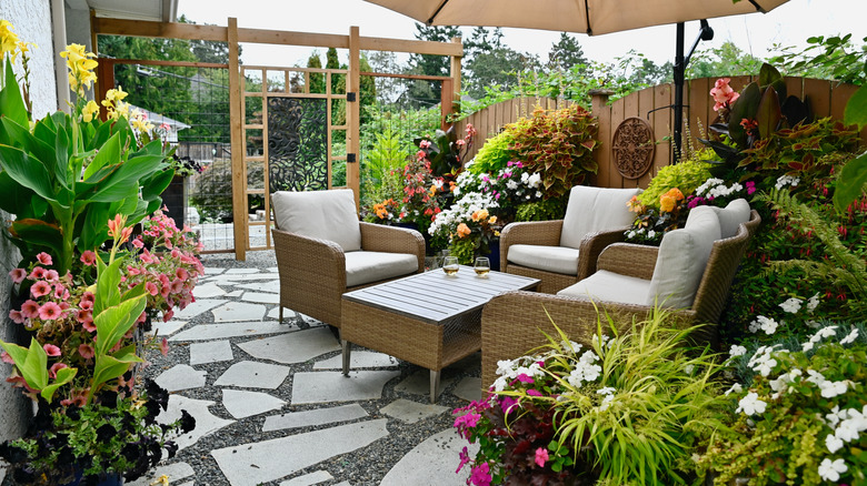 Outdoor patio decorated with various plants and flowers.