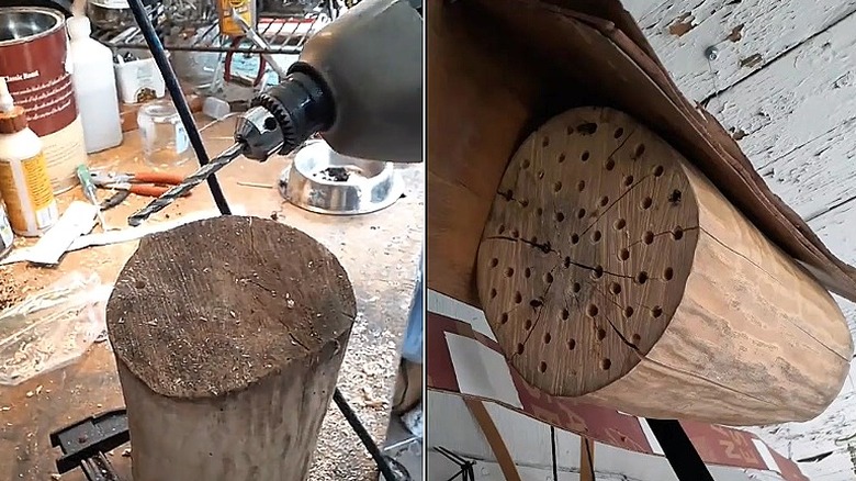 Drilling holes in the end of a log and a log with lots of holes drilled into it hangs from the eave of a patio.