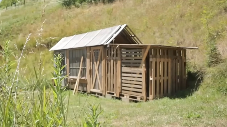 A reclaimed pallet wood cabin and attached shed near a lush hillside