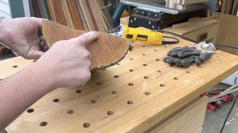 Person pointing out the pith on a piece of wood in front of a woodworking table and tools