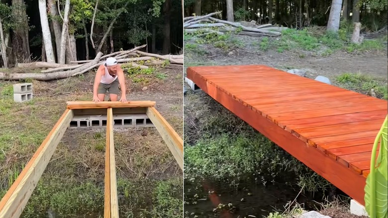 Placing the framed lumber on concrete block base and the finished bridge with green plants.