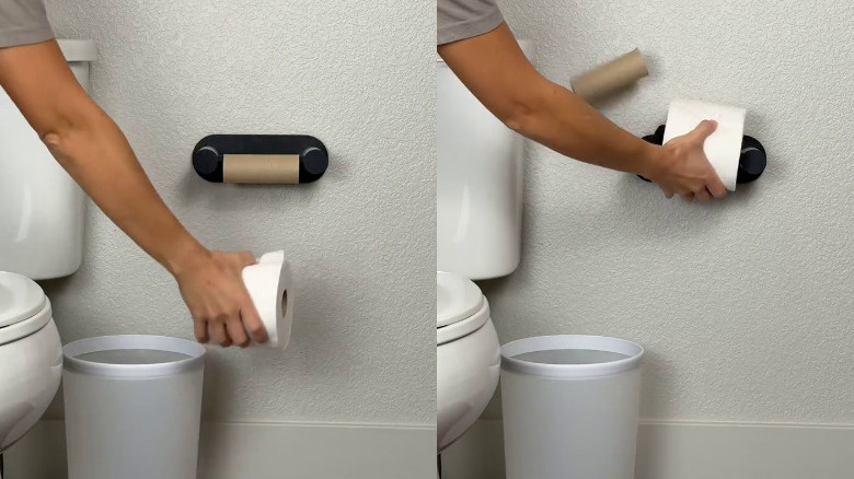 Hand replacing toilet paper on Roto Toilet Paper Holder