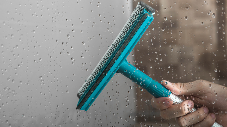 Person cleaning glass hsower with squeegee.