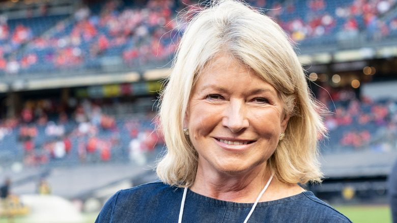 Martha Stewart smiling with filled stadium seats in the background