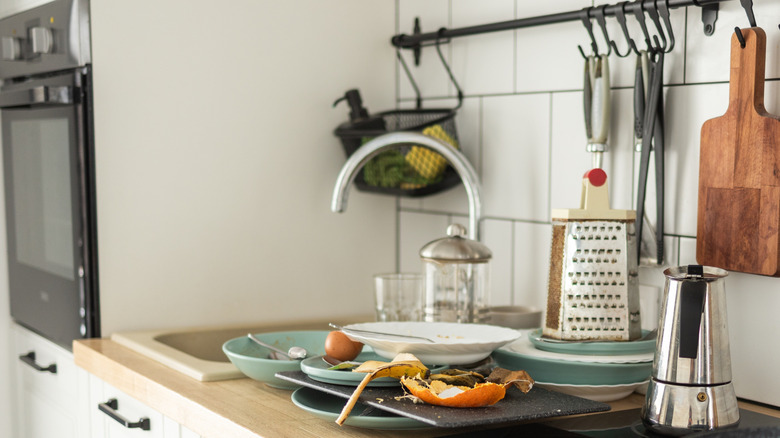 Dirty dishes in a small kitchen