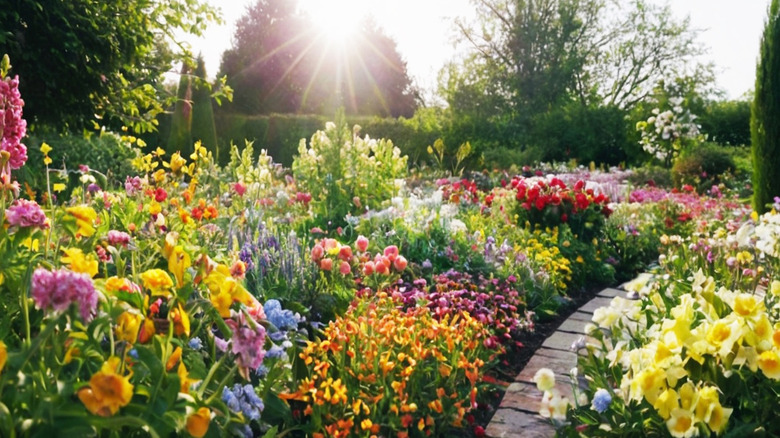 Morning sunlight in a flower garden