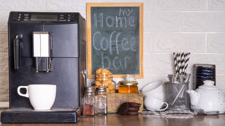 Closeup of an at-home coffee bar