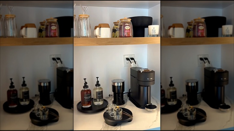 An organized coffee station with all coffee supplies together.