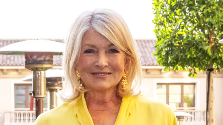 Martha Stewart being interviewed in front of a green hedge.