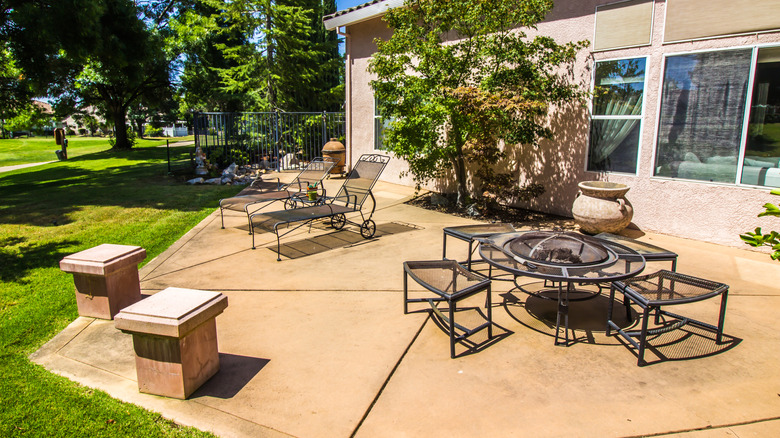 An overhead view of a wrought iron patio set.