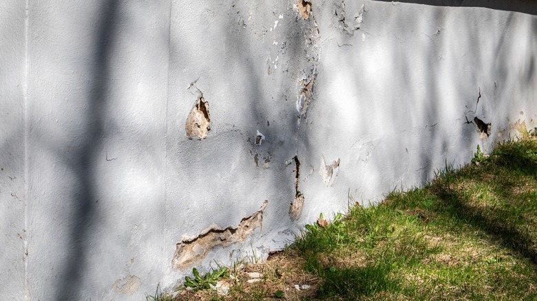 A gray-painted house foundation is chipping and cracked.