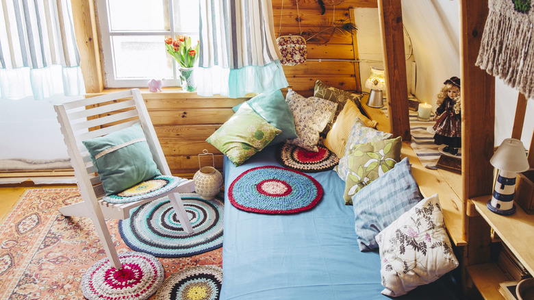 A maximalist interior with patterned textiles.