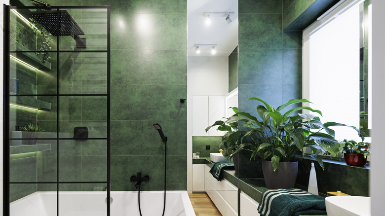 Green bathroom with partition walls