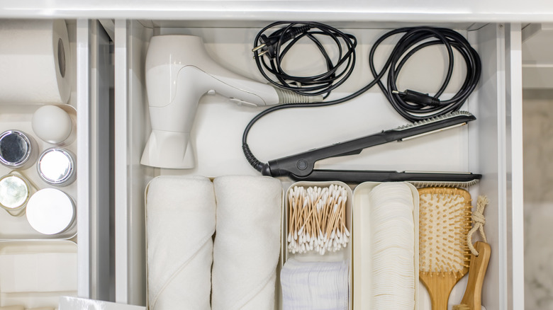 Bathroom drawer with hair tools