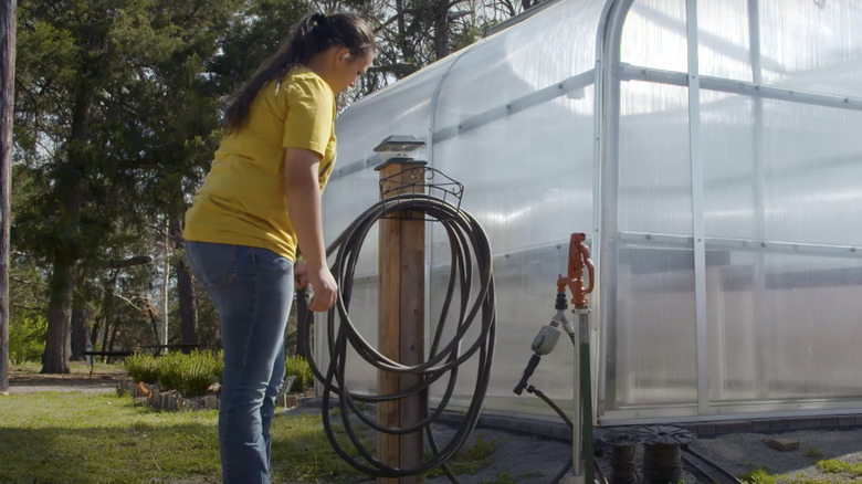 woman wrapping garden hose