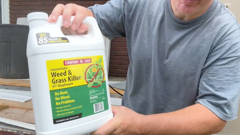 A man holding a bottle of Compare-N-Save's Weed & Grass Killer Concentrate