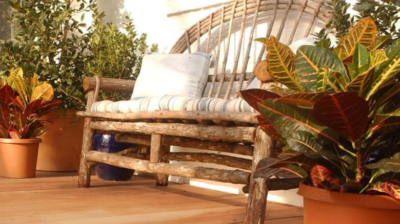 A beautiful decking with plants and comfortable rustic furniture