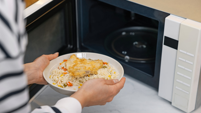 Person putting food in the microwave