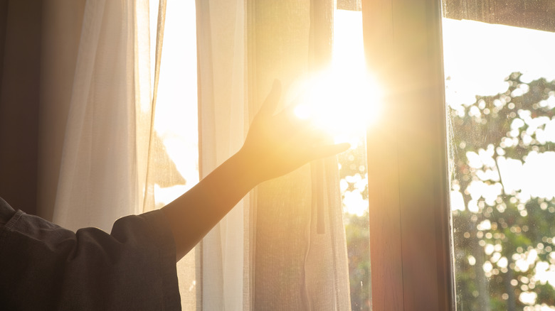 A person uses their hand to block the sun coming through the window