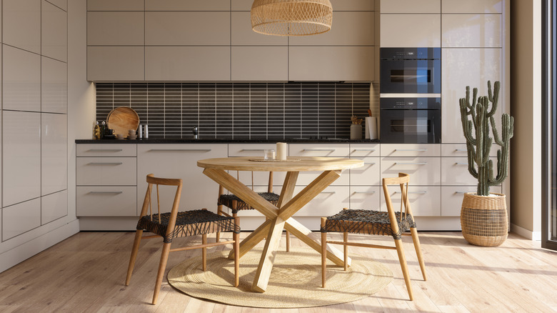 A kitchen with bamboo floors