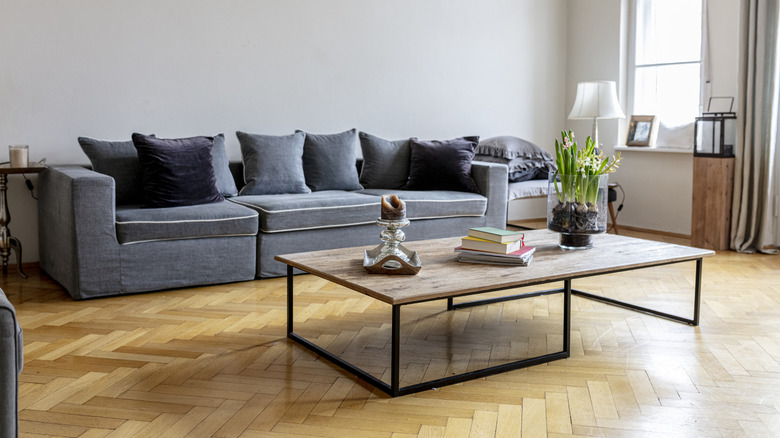 A minimalist living room with a wooden floor and no rugs