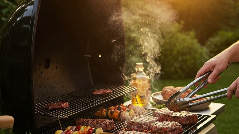 A person holding tongs while cooking on a gas barbecue in a lush green backyard