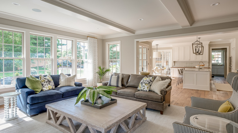 An open-plan living room with modern interior design.