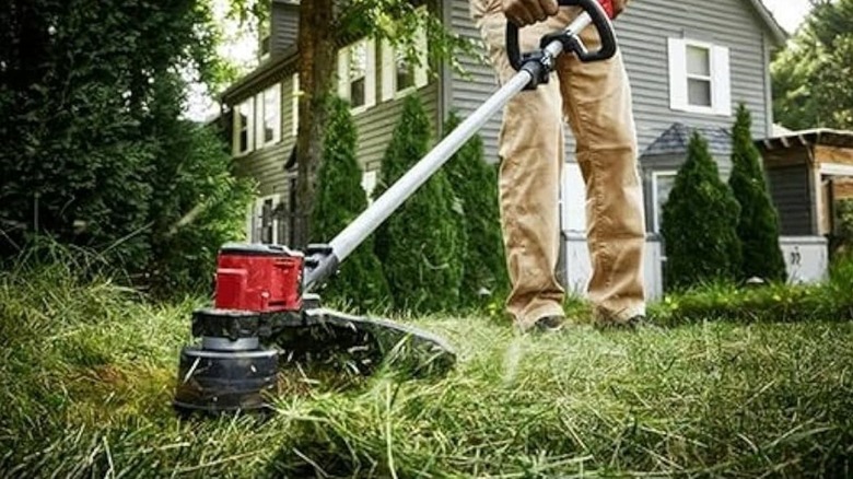 Man using a weed eater on a yard