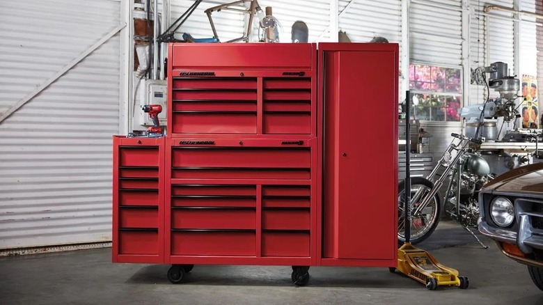 Red tool chest in a workshop