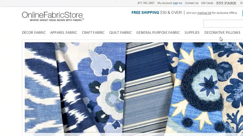 OnlineFabricStore homepage showing different categories and samples of blue patterned fabrics.