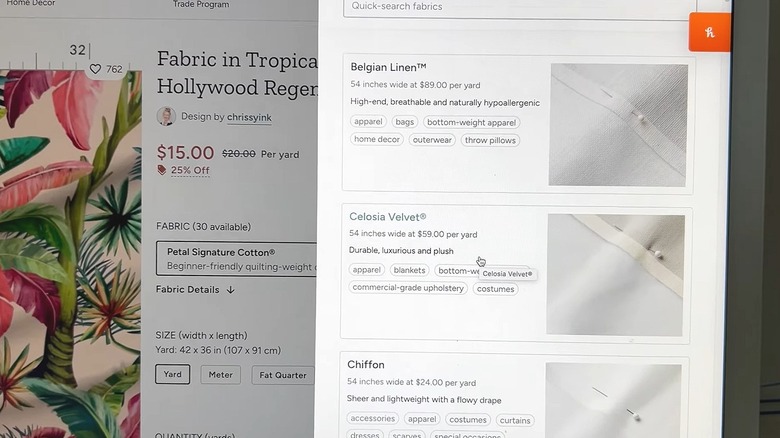 Spoonflower website showing the different fabric options.