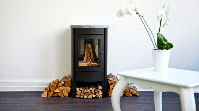 black wood burning fireplace