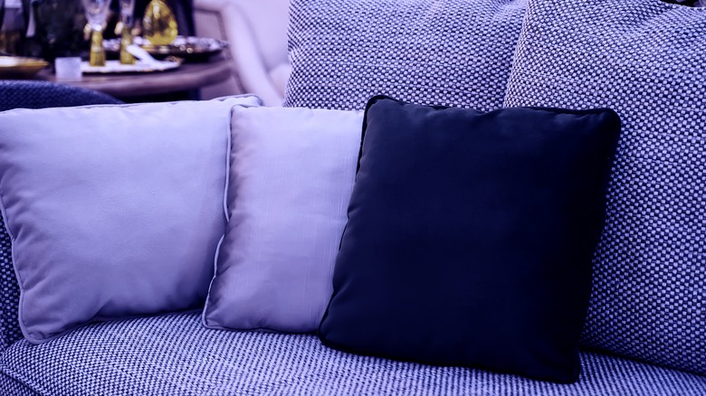 purple cushions on outdoor sofa