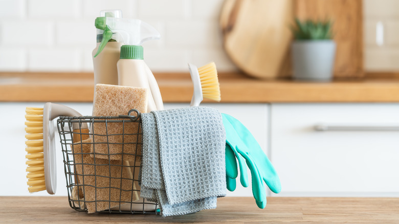 basket of cleaning supplies