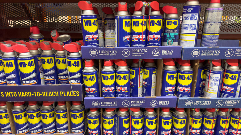 Many different types of WD-40 cans on store shelf