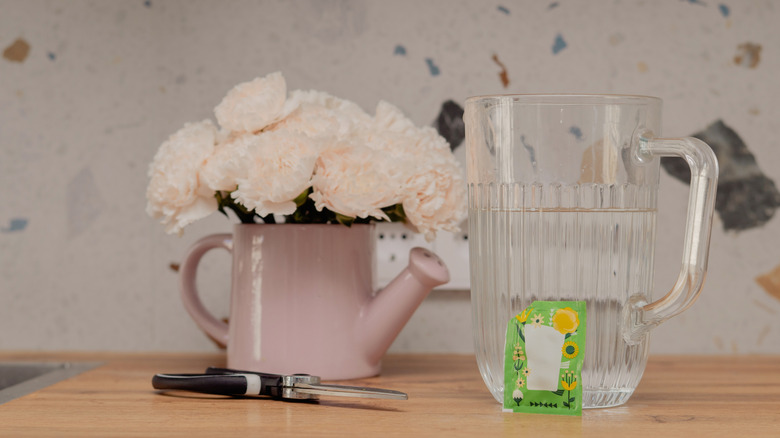 A bouquet of flowers next to a water jug and a sachet of flower food