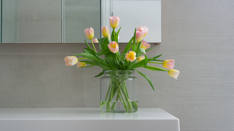 A vibrant bouquet of tulips in a glass vase